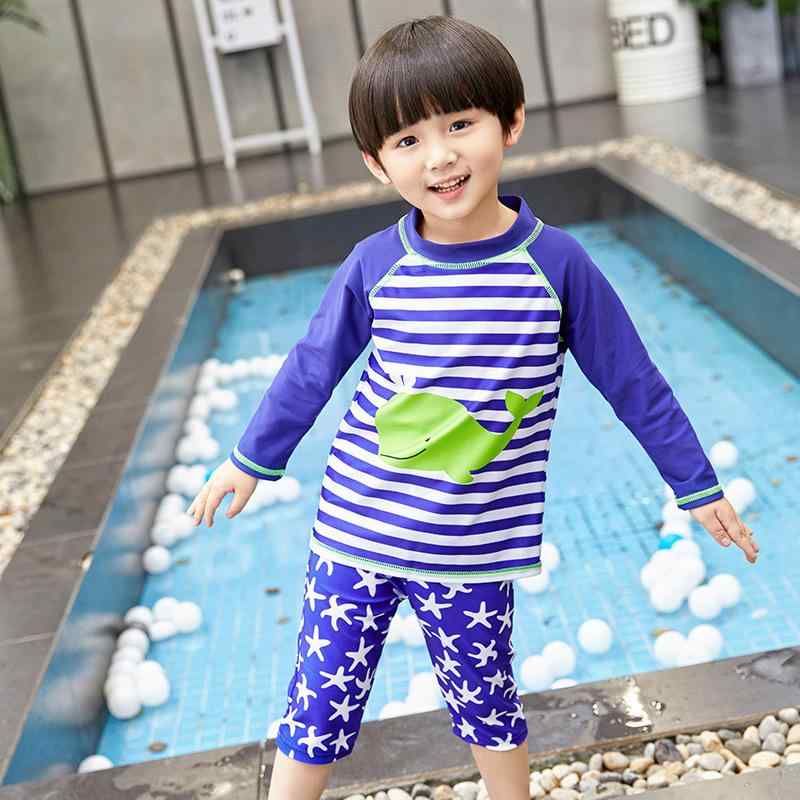 キッズ 水着 男の子 長袖 セパレート 日焼け防止 接触冷感 ナイロン ハーフパンツ スイムウェア ビーチ プール 温泉 海水浴 旅行 ブルー スイミング ラッシュガード セット ジュニア 3歳 4歳 5歳 6歳 子供