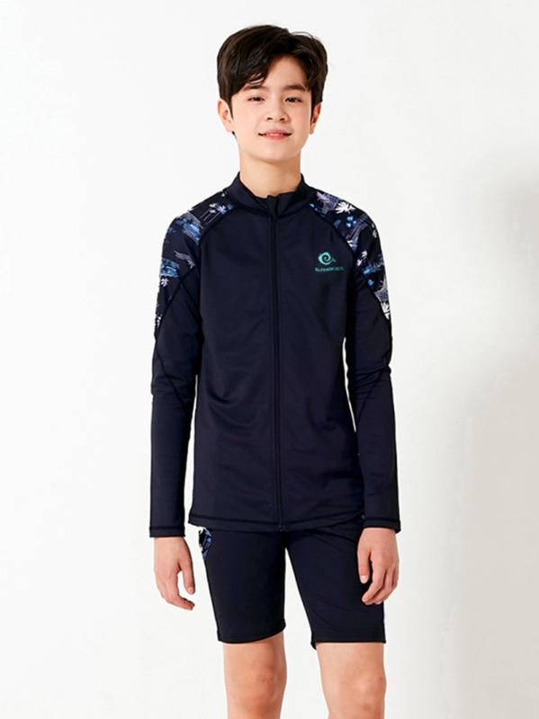 男の子 泳衣 キッズ ジュニア 水着 セパレート 長袖 ラッシュガード スイムウェア 子供用 紫外線対策 UVカット 速乾 高弾性 動きやすい スイミング プール 海水浴 ビーチ 水遊び レジャー ブラック 10代 春 夏