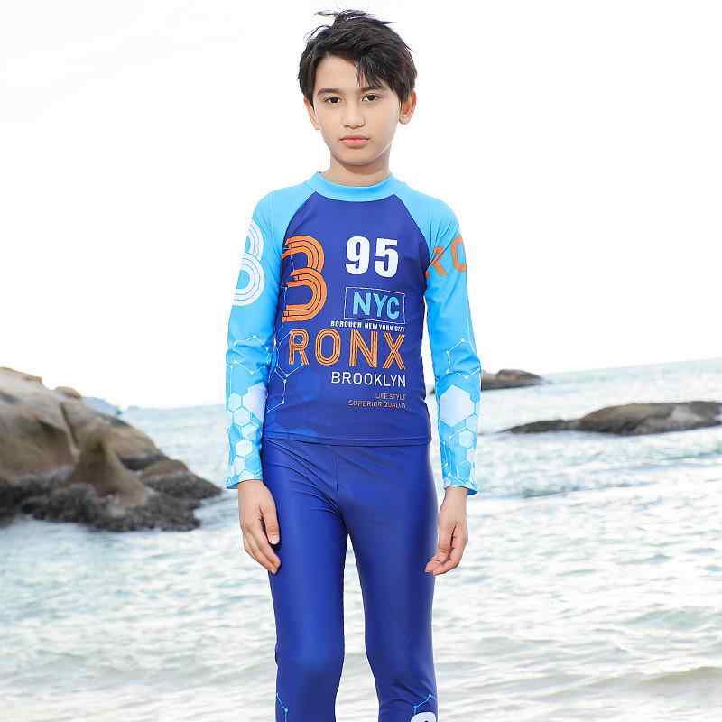 キッズ 水着 男の子 10代 長袖 ロングパンツ ラッシュガード オールシーズン 紫外線対策 UVカット 接触冷感 速乾 スイムウェア 青