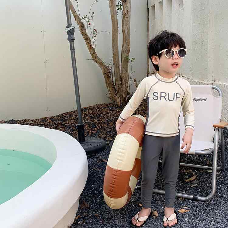 水着 キッズ 男の子 女の子 セパレート 上下セット 長袖 ロングパンツ ロゴ 紫外線対策 UVカット スイムウェア 子供用 2才 3才 4才 5才 6才 ベージュ 春 夏 海 プール ビーチ 旅行 レジャー アウトドア かわいい