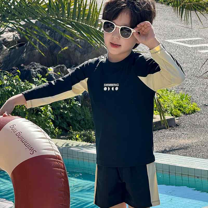 子供 水泳着 男の子 キッズ ジュニア 長袖 ラッシュガード セパレート スイムウェア ポリエステル 紫外線対策 日焼け防止 海 ビーチ リゾート スイミング プール スクール 幼稚園 小学生 黒 100 110 120 夏
