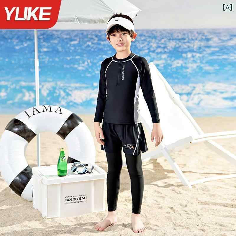 キッズ 水着 男の子 セパレート 長袖 ロングパンツ スイムウェア ラッシュガード セットアップ 速乾 UVカット 日焼け防止 紫外線対策 水遊び 海水浴 ビーチ プール スクール 100 110 120 130 140 150 160 黒 青 グレー