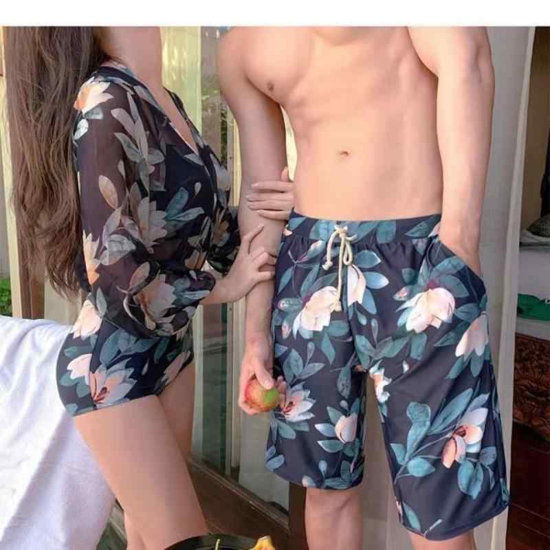 水着 ペアルック カップル レディース メンズ 体型カバー 長袖 ラッシュガード サーフパンツ ビスチェ ワンピース風 ビキニ セパレート 3点セット 紫外線対策 UVカット 接触冷感 速乾 スイムウェア 海 ビーチ プール 旅行 春 夏 花柄 20代
