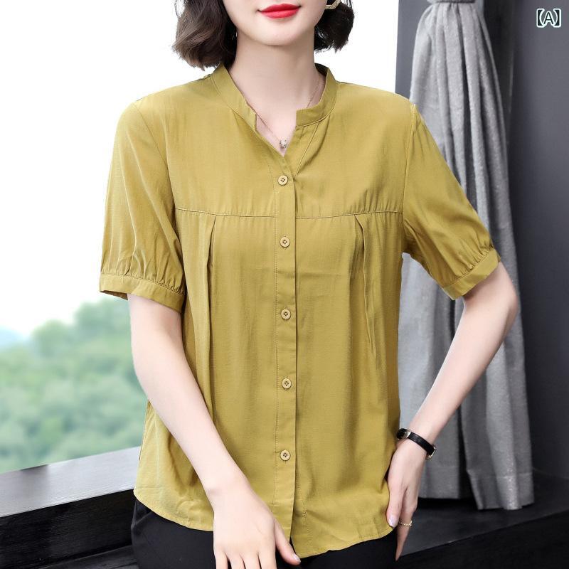 シフォンシャツ トップス レディース 半袖 チュニック カットソー Tシャツ ゆったり 体型カバー 着痩せ 立ち襟 切り替え 薄手 お出かけ 通勤 旅行 ママ シニア 50代 夏 アプリコット ブラウン remake-buddy-10920169 リメイクバディー サンプル画像2