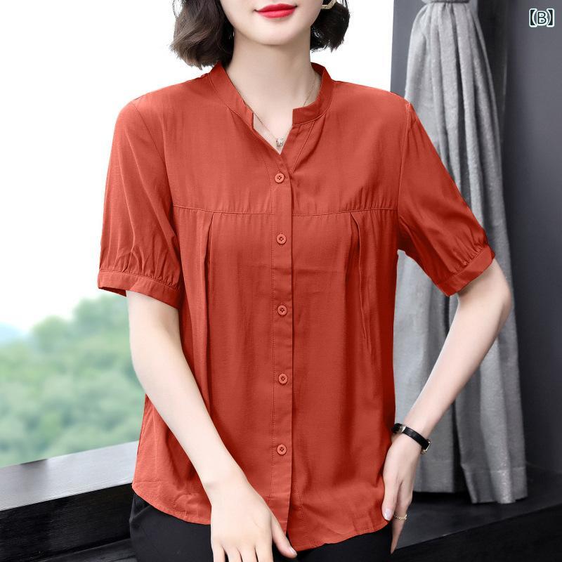 シフォンシャツ トップス レディース 半袖 チュニック カットソー Tシャツ ゆったり 体型カバー 着痩せ 立ち襟 切り替え 薄手 お出かけ 通勤 旅行 ママ シニア 50代 夏 アプリコット ブラウン remake-buddy-10920169 リメイクバディー サンプル画像3
