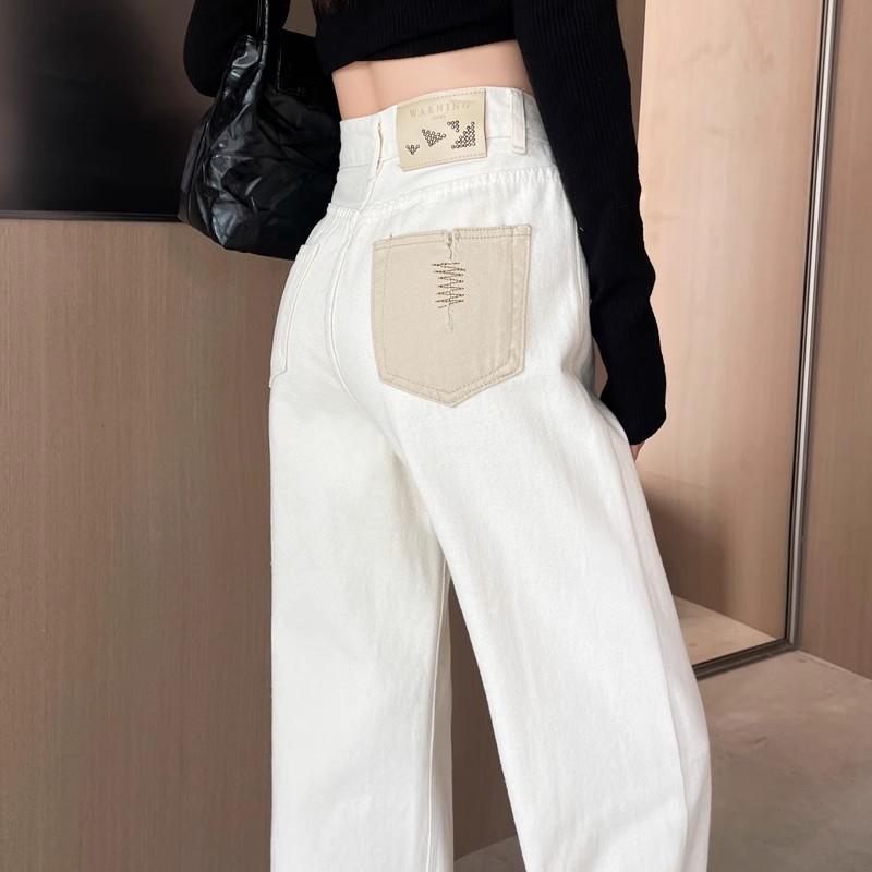 ・カテゴリ: デニムパンツ・素材: 綿50%以上70%未満（デニム生地）・パンツ丈: フルレングス・ウエスト位置: ハイウエスト・生地の厚さ: 普通・デザイン要素: ファスナー・カラー展開: アイボリー、レトロブルー・サイズ展開: XS、S、M、L、XL、2XL、3XL・スタイル: 通勤、フェミニン・伸縮性: なし・シルエット: ワイド・加工: ウォッシュ加工