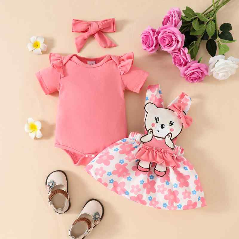 ベビー服 女の子 セットアップ ロンパース サロペット ジャンパースカート 半袖 カバーオール 3点セット 夏 コットン クマ 花柄 リボン ピンク 70 80 赤ちゃん 出産祝い お出かけ かわいい