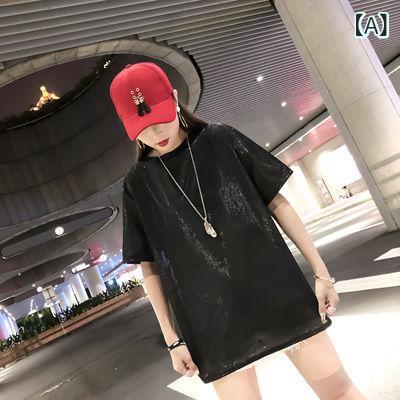 Tシャツワンピース レディース 半袖 チュニック カットソー 再生繊維 接触冷感 ゆったり ミディアム丈 丸首 ラメ キラキラ 体型カバー 着痩せ カジュアル 通勤 旅行 お出かけ 春 夏 黒 紫 ピンク remake-buddy-10932383 リメイクバディー パッケージ画像