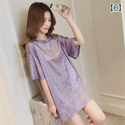 Tシャツワンピース レディース 半袖 チュニック カットソー 再生繊維 接触冷感 ゆったり ミディアム丈 丸首 ラメ キラキラ 体型カバー 着痩せ カジュアル 通勤 旅行 お出かけ 春 夏 黒 紫 ピンク remake-buddy-10932383 リメイクバディー サンプル画像2