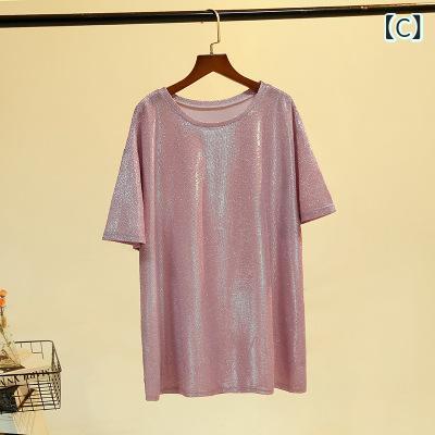 Tシャツワンピース レディース 半袖 チュニック カットソー 再生繊維 接触冷感 ゆったり ミディアム丈 丸首 ラメ キラキラ 体型カバー 着痩せ カジュアル 通勤 旅行 お出かけ 春 夏 黒 紫 ピンク remake-buddy-10932383 リメイクバディー サンプル画像3
