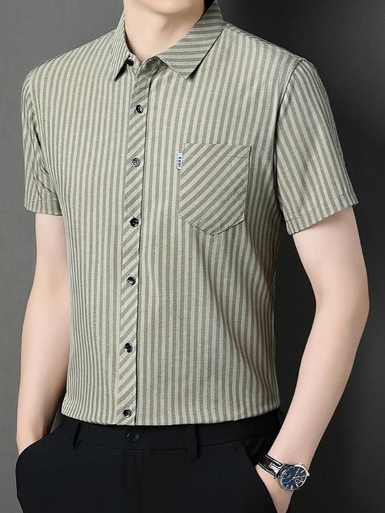 メンズ 紳士 服 シャツ 半袖 襟付き ストライプ ビジネス カジュアル サマー トップス 速乾 吸汗 通気性 イージーケア ノーアイロン 洗える 薄手 夏 通勤 オフィス お出かけ シニア 50代 ベージュ ネイビー グレー M L XL remake-buddy-10932141 リメイクバディー パッケージ画像