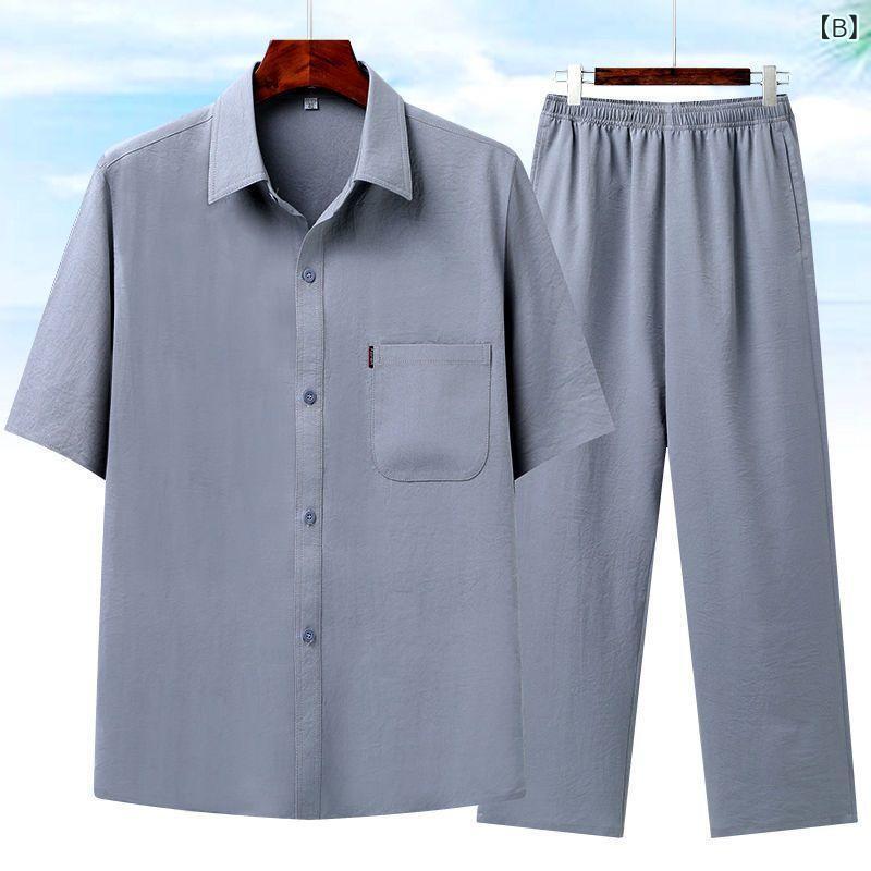 メンズ 紳士服 シニア 50代 シャツ 半袖 セットアップ 上下セット 接触冷感 ウール 薄手 涼しい 無地 普段使い 部屋着 敬老の日 プレゼント ギフト グレー カーキ ネイビー 父の日 お出かけ remake-buddy-10932522 リメイクバディー サンプル画像2