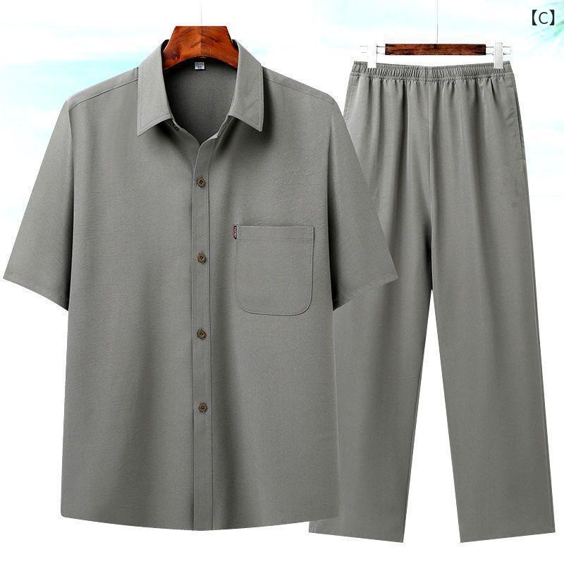 メンズ 紳士服 シニア 50代 シャツ 半袖 セットアップ 上下セット 接触冷感 ウール 薄手 涼しい 無地 普段使い 部屋着 敬老の日 プレゼント ギフト グレー カーキ ネイビー 父の日 お出かけ remake-buddy-10932522 リメイクバディー サンプル画像3