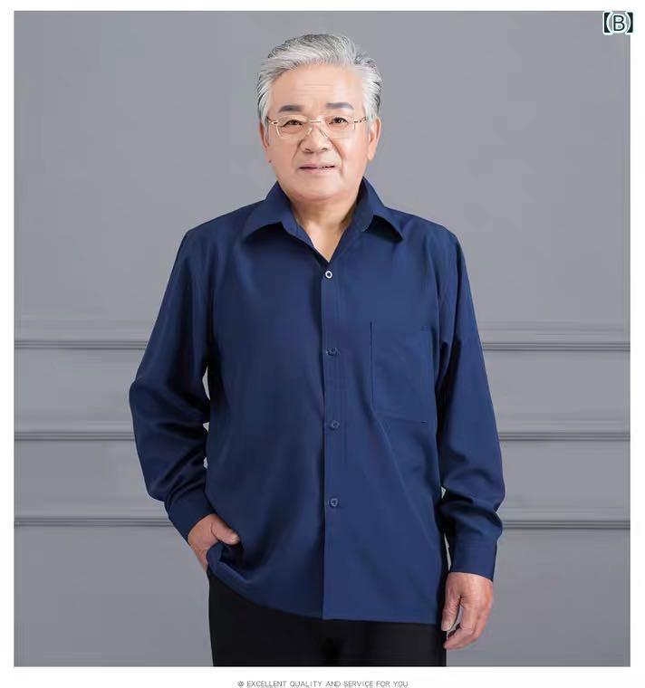 メンズ カジュアルシャツ 紳士服 シニア 父親 長袖 襟付き アセテート 薄手 軽い ノーアイロン 防シワ ポケット 無地 普段使い ビジネス 通勤 旅行 春秋 白 紺 グレー ゆったり 大きいサイズ トップス remake-buddy-10932699 リメイクバディー サンプル画像3