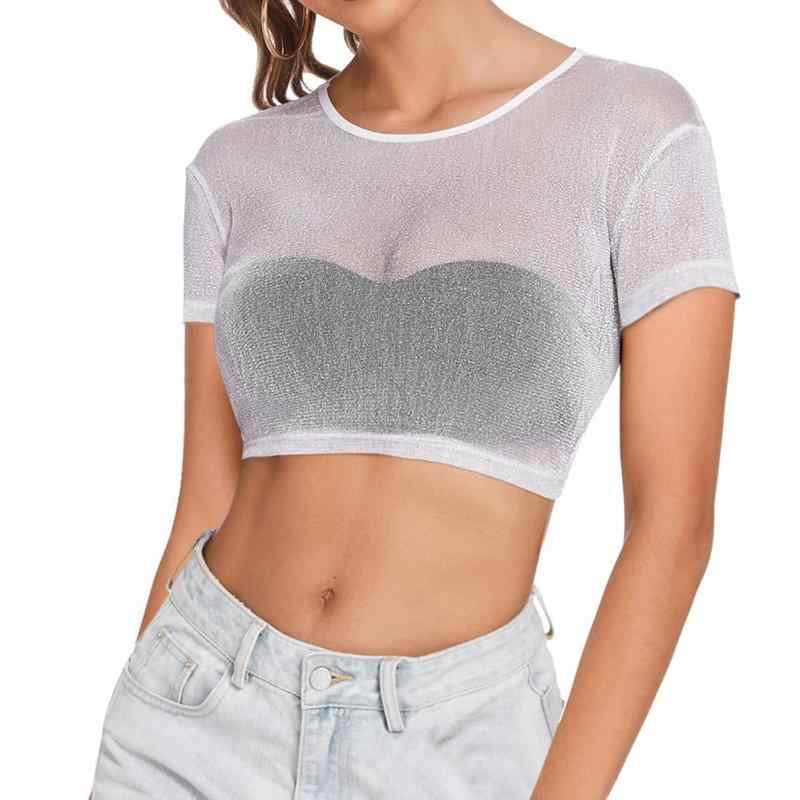Tシャツ トップス レディース 半袖 シースルー メッシュ 透け感 クルーネック プルオーバー ストレッチ インナー 重ね着 切り替え キラキラ ショート丈 スリム フィット 20代 30代 夏 黒 白 ワインレッド お出かけ デート 旅行 かわいい