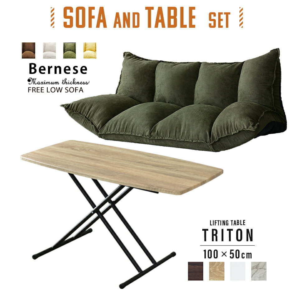 ソファベッド センターテーブル セット リクライニング 2人掛け ローテーブル 昇降テーブル 昇降式 高さ調節 ローソファー バーニーズ2PFAB トリトン100×50cm スポーツ観戦