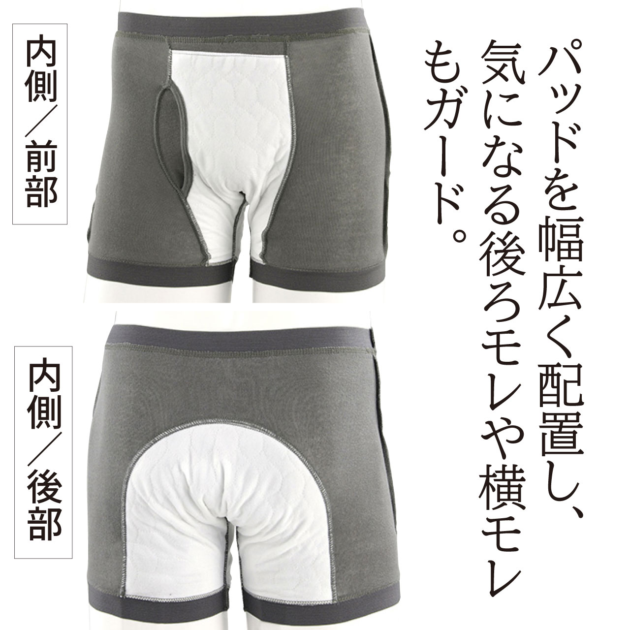 ヘルスケアサポートのおしりまで安心 ニットトランクス 同サイズ3色組 吸水量45cc 中失禁 尿モレ 後ろモレ 横モレ メンズ グレー ブラック ネイビー｜アングル2