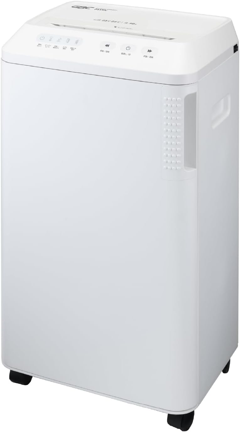 【製品仕様】 ●品番：GSHM11X-W ●品名：オフィスクロスカットシュレッダ M11X-W ●サイズ：W410 x D302 x H755 mm ●質量：22.5 kg ●消費電力：800 W [50Hz/60Hz] ●細断方式：クロスカット 3.8 x 40 mm ●最大投入幅：A4サイズ対応 ( 230 mm ) ●最大細断枚数 *(1)：25枚[50Hz] 23枚[60Hz] ●定格細断枚数 *(2)：23枚[50Hz] 22枚[60Hz] ●定格連続運転時間：30分 ●細断速度：毎分3.4 m[50Hz] 毎分3.7 m[60Hz] ●細断容量：36.0 L ( A4コピー用紙 約800枚収納 ) ●ゴミ袋サイズ：市販用 45L以上推奨 ●JAN:4995364212786 *(1) 細断可能最大枚数　*(2) 長期使用のための推奨枚数 【機能一覧】 ●静音タイプ 　運転音を抑えた静音タイプ、作業時の音を抑えています。 ●オートカットオフ機能 　連続運転でモーターに負担がかかった場合など自動的に休止します。 ●オートスタート＆ストップ機能 　用紙を投入口に挿入すると自動的に作動し、細断が終わると停止します。 ●ビンフルストップ機能 　細断くずがダストボックス内で規定の量を超えると、センサーが感知し細断を停止／拒否します。 　※一部機種はビンフルお知らせ機能のみ。 ●リバーススイッチ機能 　紙詰まりなどが起った場合、ボタンひとつで逆回転ができます。 ●インターロックスイッチ機能 　本体からダストボックスが離れる、又はドアを開けると、自動的に作動を停止します。 ※モニター環境により、お色目が異なって見える場合がございますので、ご了承ください。