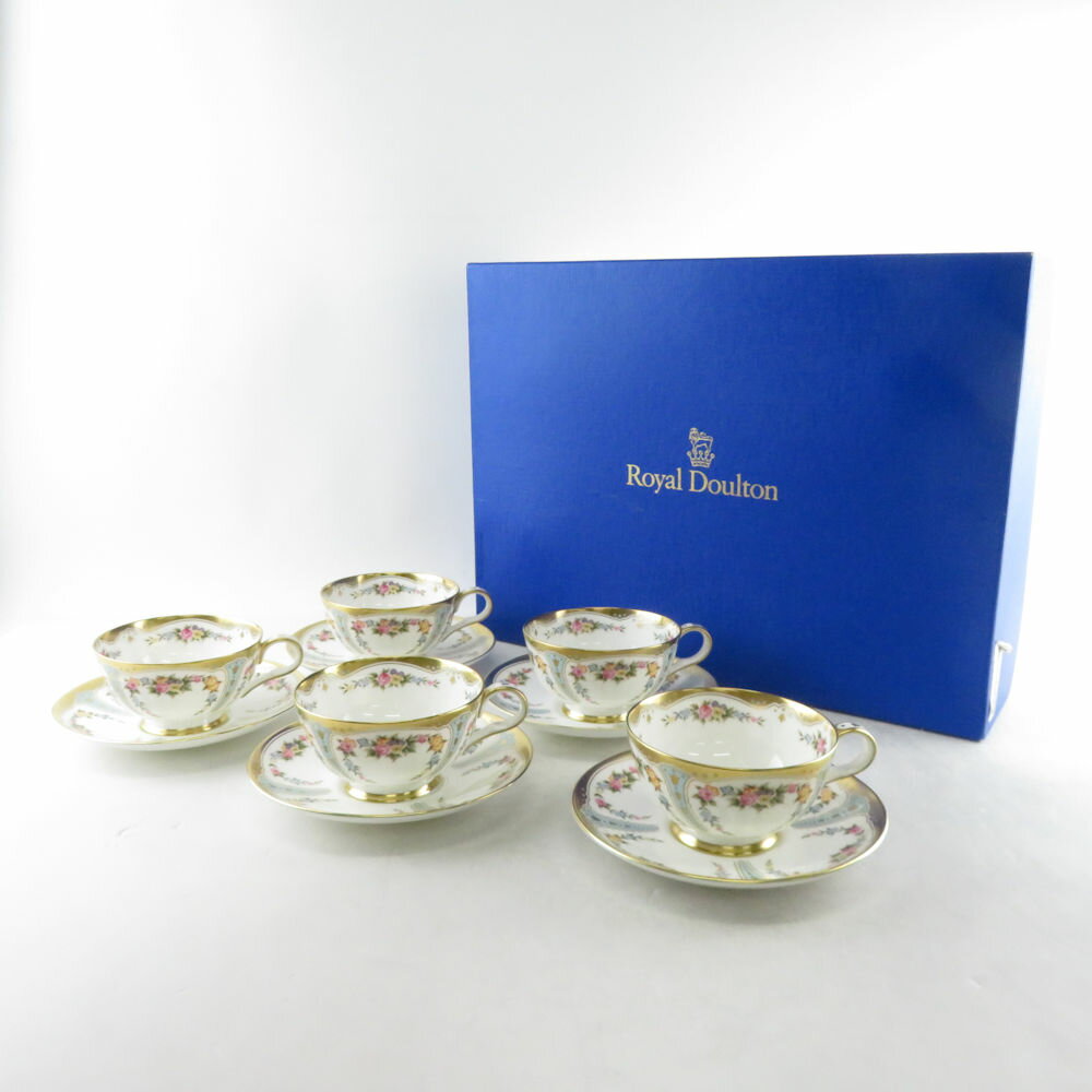 ROYAL DOULTON ロイヤルドルトン CURNOCK カーノック ティーカップ＆ソーサー 5客 セット ゴールド 金彩 花柄 英国 希少 レア SU5444X 【中古】