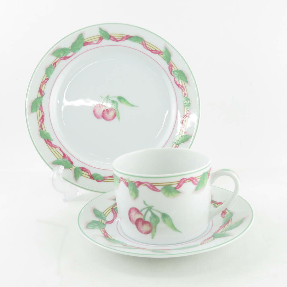 美品 BERNARDAUD LIMOGES ベルナルドリモージュ Feuillantine フィヤンティーヌ ティーカップ＆ソーサー 中皿 2点 トリオ1セット 桃 廃盤 ケーキ コーヒー SU5980D 