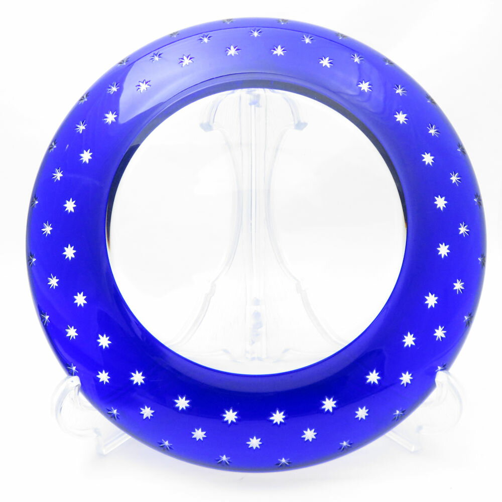 美品 SAINT LOUIS サンルイ 大皿 3枚 クリスタル セット 29cmプレート 切子 青被せ 金彩 SU8663H 【中古】