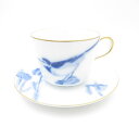 美品 OKURA 大倉陶園 花菖蒲と小鳥 モーニングカップ&ソーサー 岡染め レア 希少 SY11213D2 【中古】
