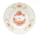 美品 MEISSEN マイセン インドの華 コーラルレッド オープンワークプレート 1枚 透かし皿 赤珊瑚 珊瑚朱色 文様 金彩 東洋 SU11195B1 【中...