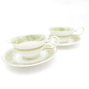 美品 WEDGWOOD ウェッジウッド コロンビア セージグリーン ティーカップ&ソーサー 2客 ペア ピオニー 英国 金彩 白 緑 ゴールド SU11810B...