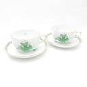 美品 Herend ヘレンド アポニーグリーン AV 724 ティーカップ&ソーサー 2客 ペア 金彩 紅茶 碗皿 テーブルウェア SU11996S2 【中古】