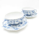 美品 ROYAL COPENHAGEN ロイヤルコペンハーゲン ブルーフルーテッドフルレース 081/082 ティーカップ&ソーサー 2客 ペア 白磁 青 テー...