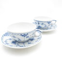 美品 ROYAL COPENHAGEN ロイヤルコペンハーゲン ブルーフルーテッドハーフレース 081 082 ティーカップ&ソーサー 2客 ペア SY12968A1 【中古】