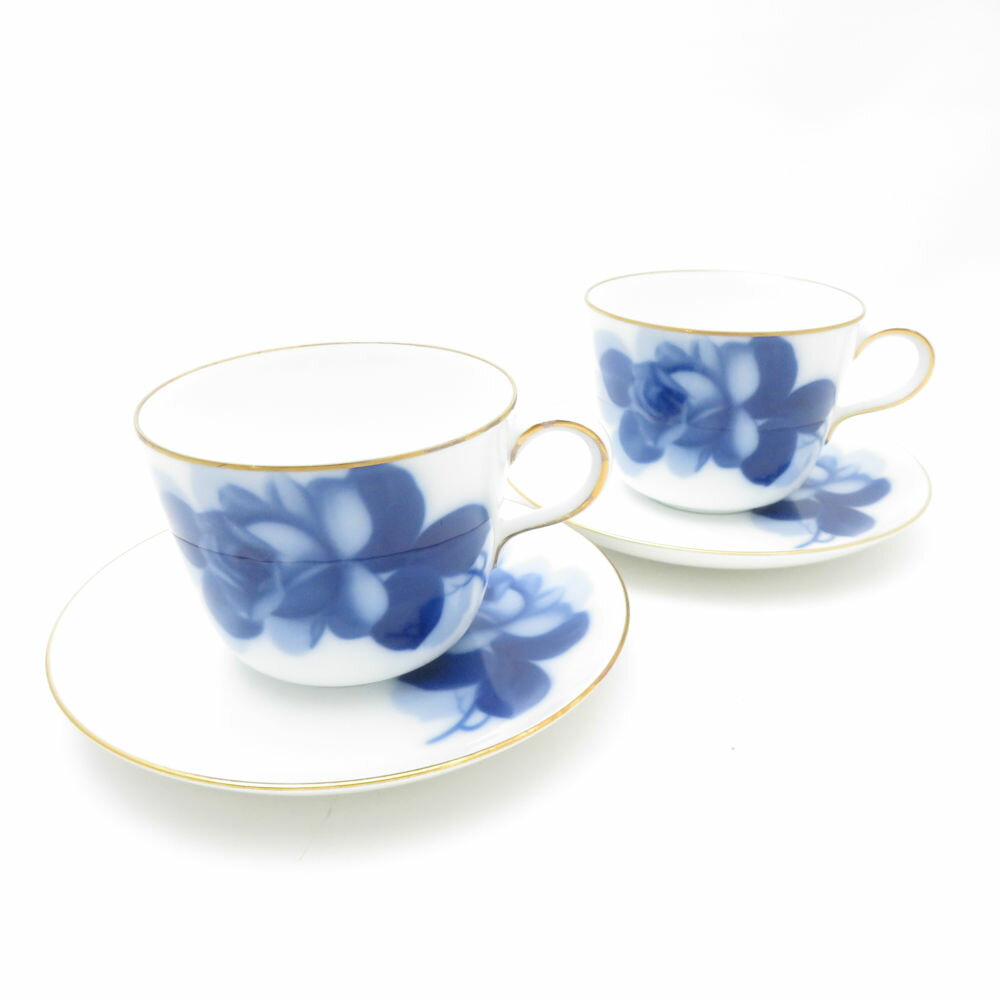OKURA 大倉陶園 ブルーローズ(8211) モーニングカップ&ソーサー 2客 ペア 薔薇 バラ SC9164B3 【中古】