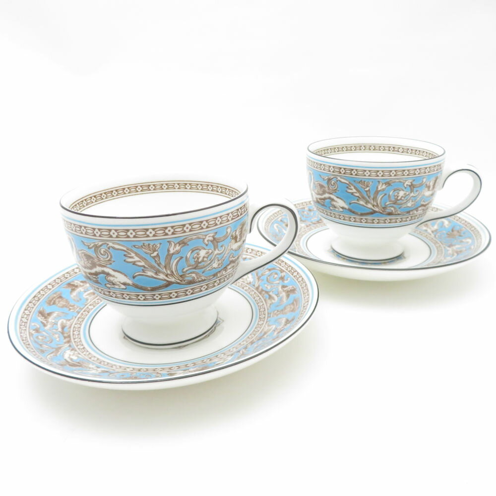 WEDGWOOD ウェッジウッド フロレンティーンターコイズ ティーカップ&ソーサー 2客 ペア リー 黒壺 SM4697X1 【中古】