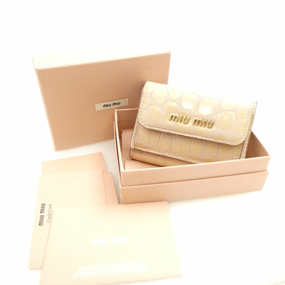 miumiu ミュウミュウ 5MH021 三つ折り財布 ピンク系 ミニウォレット クロコ型押し ゴ レディース AN2291 【中古】
