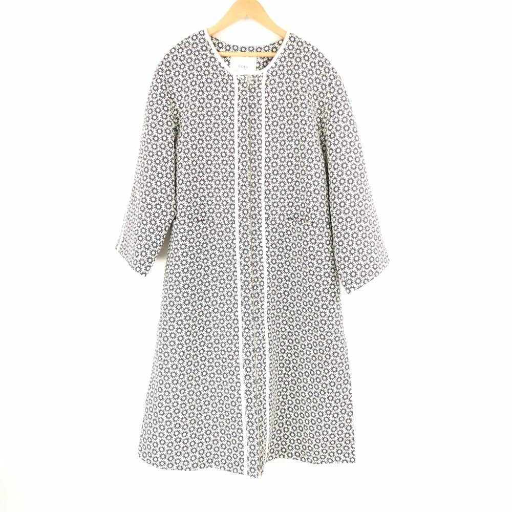 COEL コエル 180101046 ジャガードパイピングコート 38 M相当 ポリエステル他 ノーカラー ダブルジップ ホワイト 花柄 レディース AD1126B2 【中古】