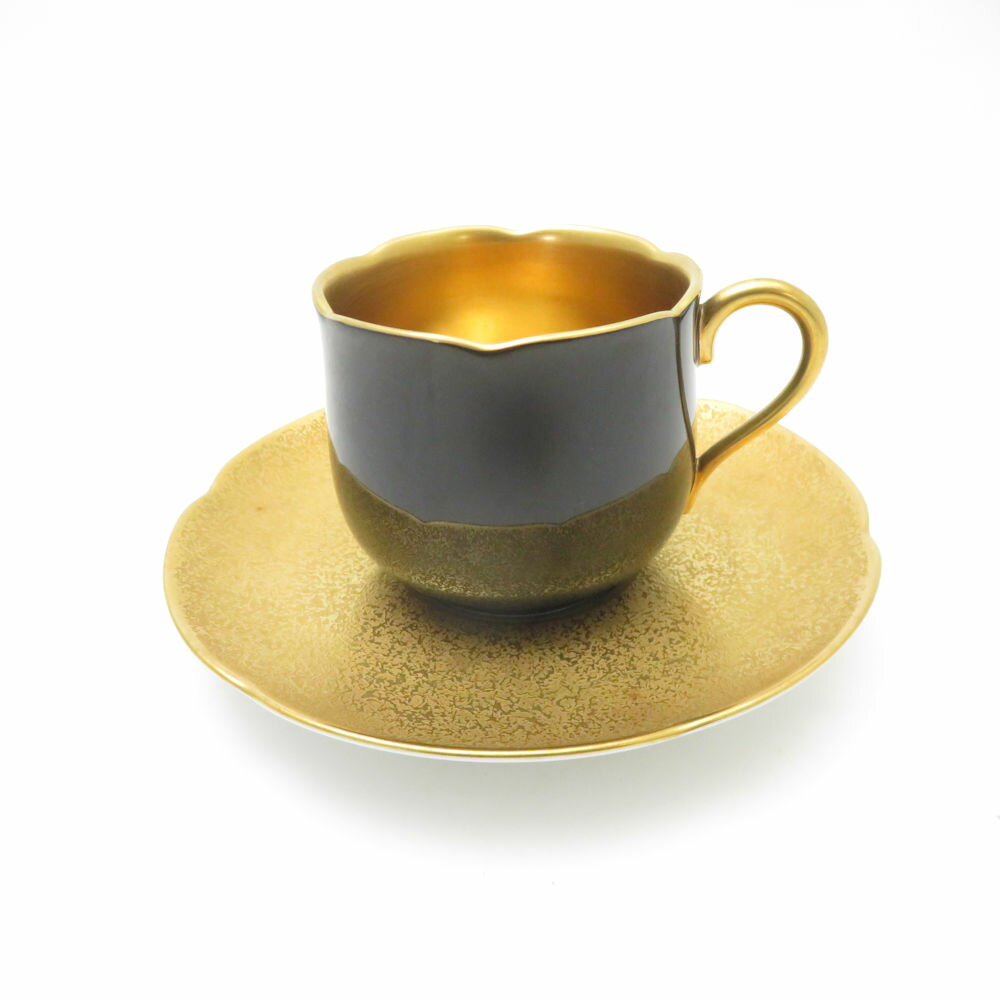 難有 OKURA 大倉陶園 黒蒔 金蝕 デミタスカップ&ソーサー 漆蒔 黒塗 レア 希少 SC9425C2 【中古】