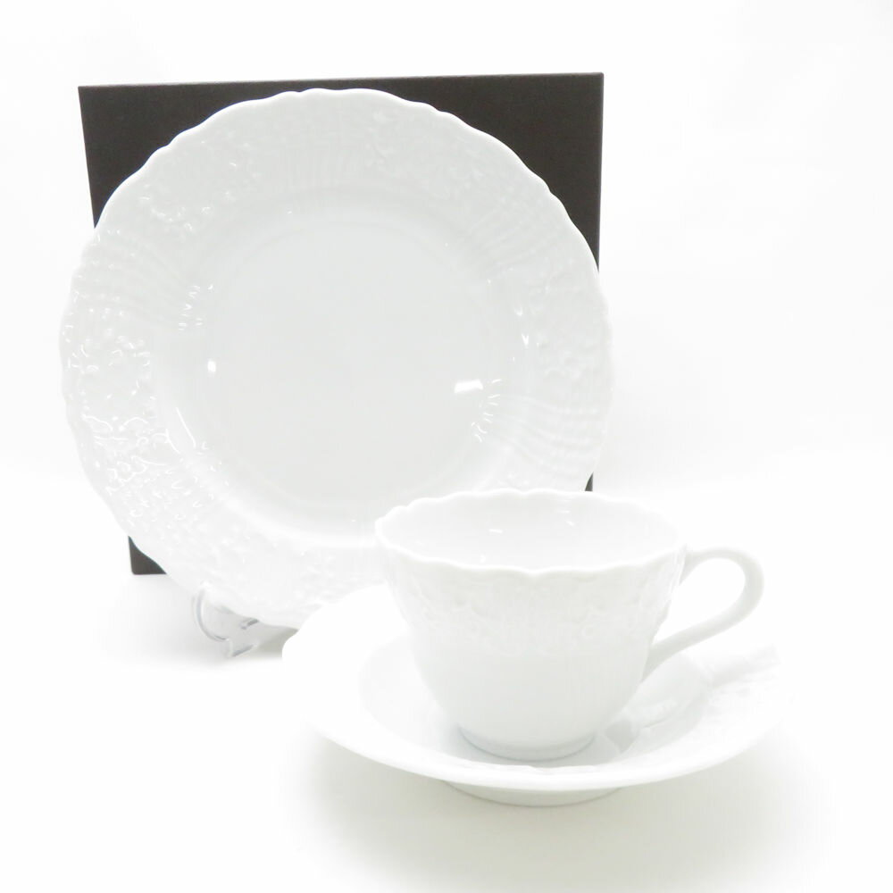 未使用 Herend ヘレンド バロックホワイト カップ&ソーサー デザートプレート 2点 セット SY13446J1 【中古】