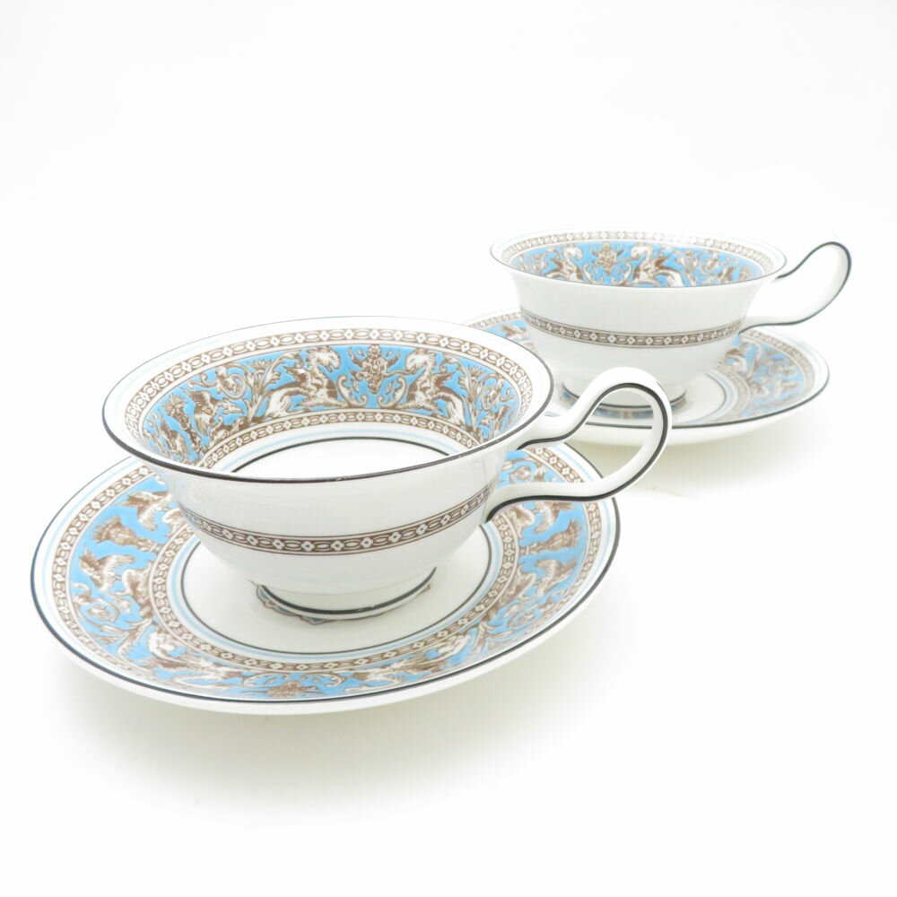 WEDGWOOD ウェッジウッド フロレンティーンターコイズ ティーカップ&ソーサー 2客 ペア ピオニー 旧刻印 黒壺 SC9474G1 【中古】