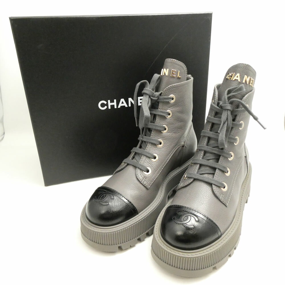 美品 CHANEL シャネル G45124 ブーツ 37 24cm相当 ココマーク レレースアップ 厚底 レディース AD1257W3 【中古】
