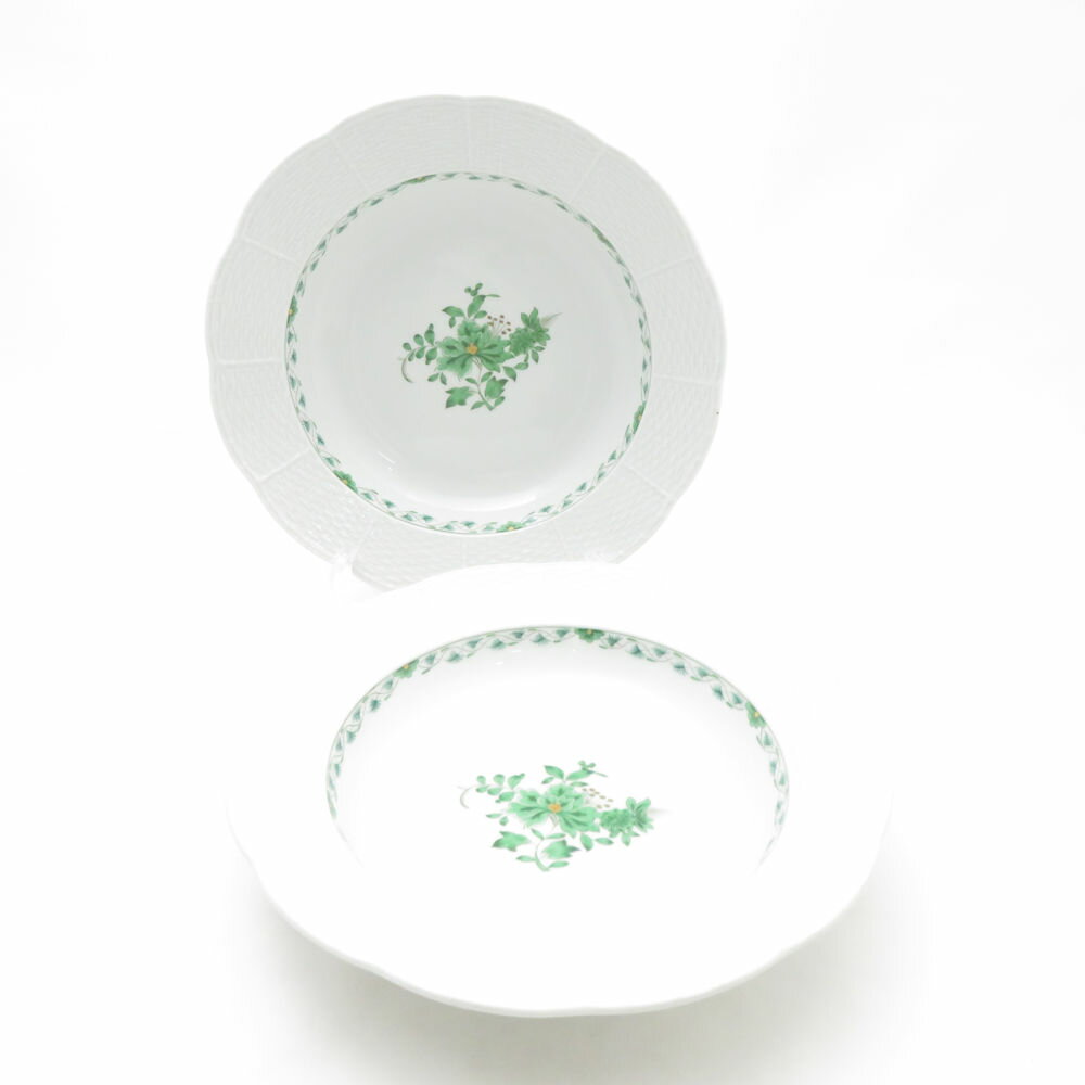 MEISSEN マイセン ディーププレート 2枚 ペア 23cm フラワー グリーン 花 緑 SC9783H1 【中古】