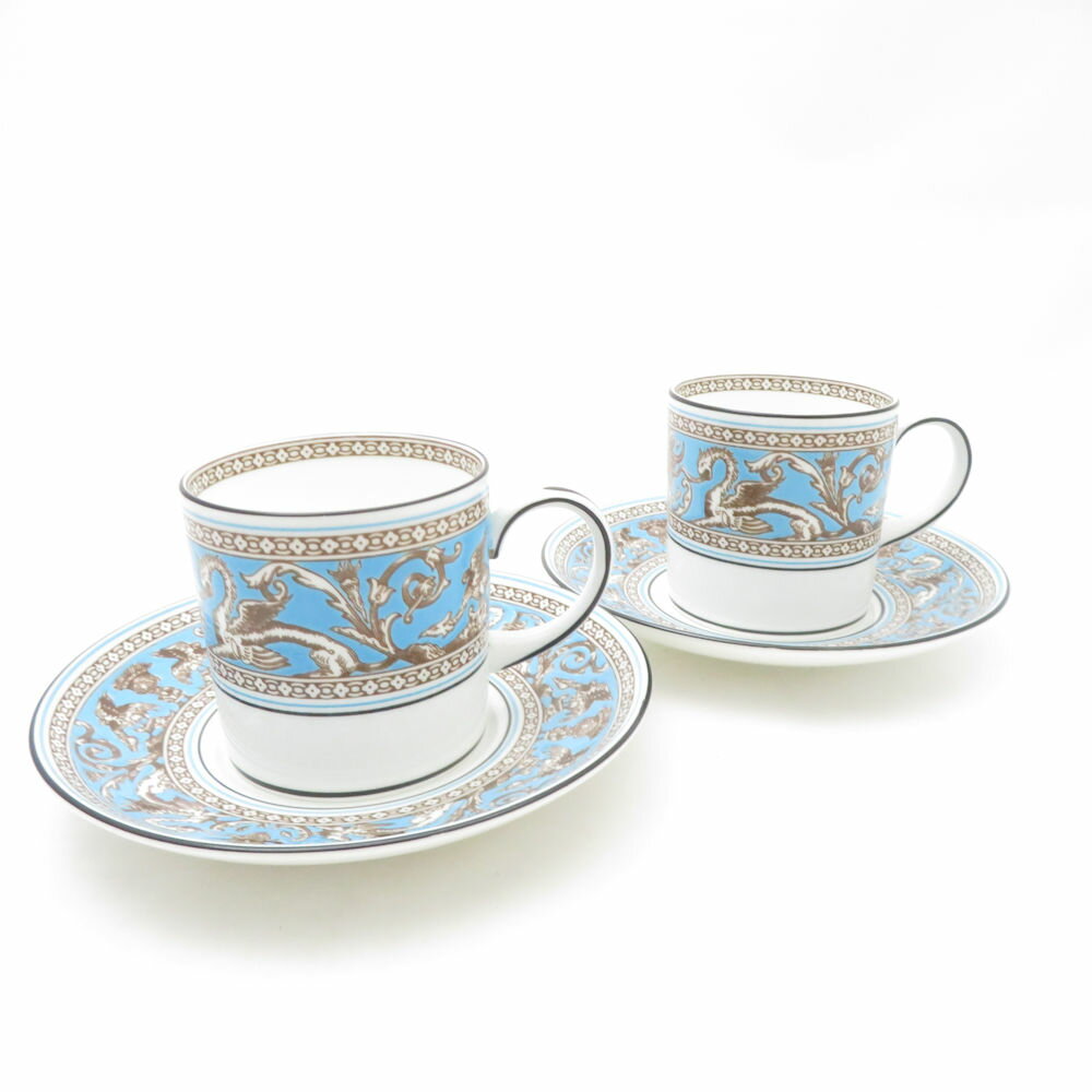 WEDGWOOD ウェッジウッド フロレンティーンターコイズ コーヒーカップ＆ソーサー 2客 ペア 旧刻印 黒壺 SC9824H1 【中古】