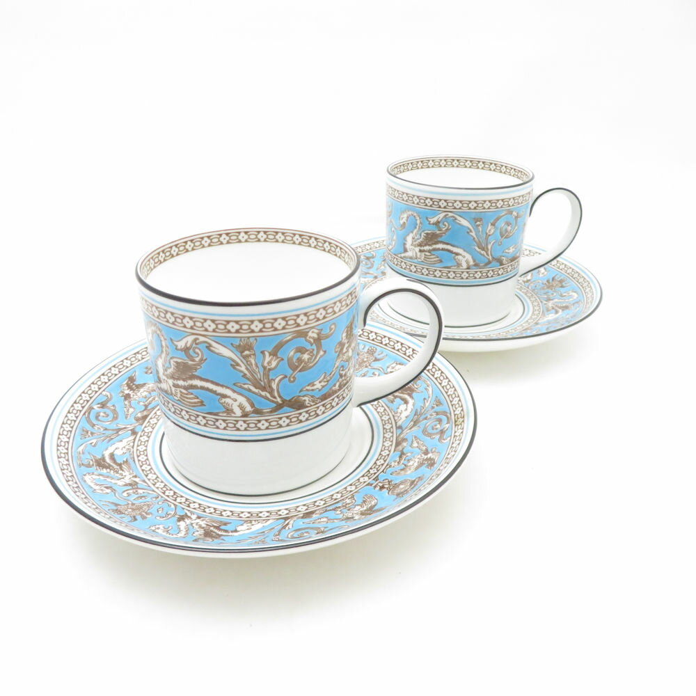 WEDGWOOD ウェッジウッド フロレンティーンターコイズ コーヒーカップ＆ソーサー 2客 ペア 旧刻印 黒壺 SC9825H1 【中古】