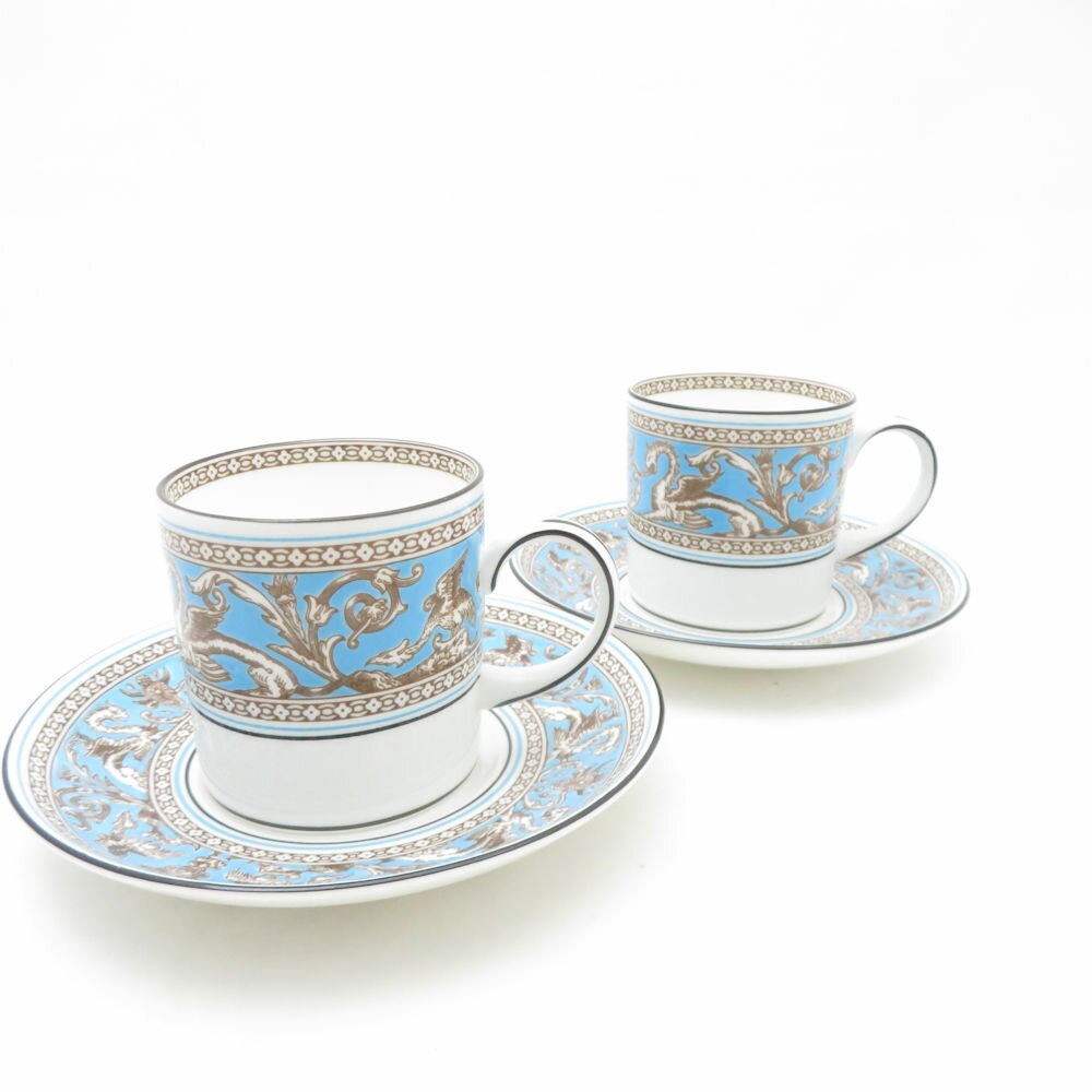 WEDGWOOD ウェッジウッド フロレンティーンターコイズ コーヒーカップ＆ソーサー 2客 ペア 旧刻印 黒壺 SC9826H1 【中古】
