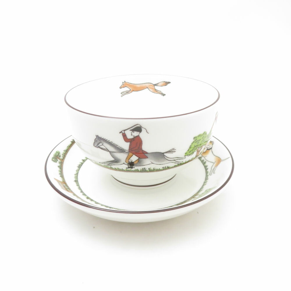 美品 WEDGWOOD ウェッジウッド ハンティングシーン ジャパニーズカップ＆ソーサー 湯呑 茶托 ティーボウル プチトレー SN459B2 【中古】