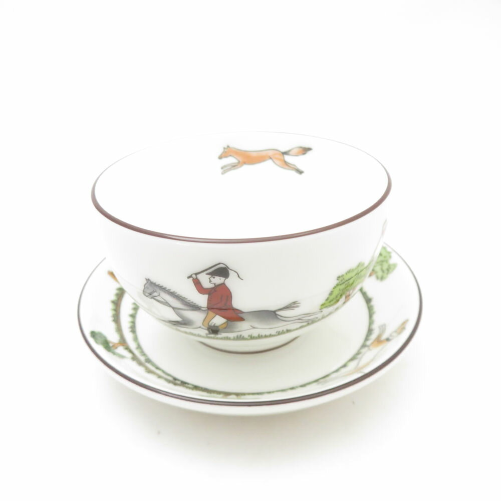 美品 WEDGWOOD ウェッジウッド ハンティングシーン ジャパニーズカップ＆ソーサー 湯呑 茶托 ティーボウル プチトレー SN463B2 【中古】