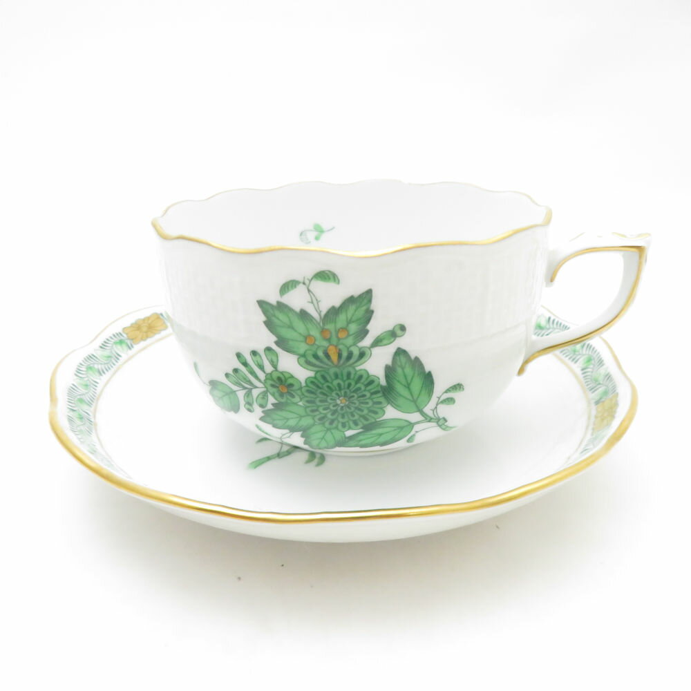 美品 Herend ヘレンド アポニーグリーン AV ティーカップ＆ソーサー SC10032C2 【中古】