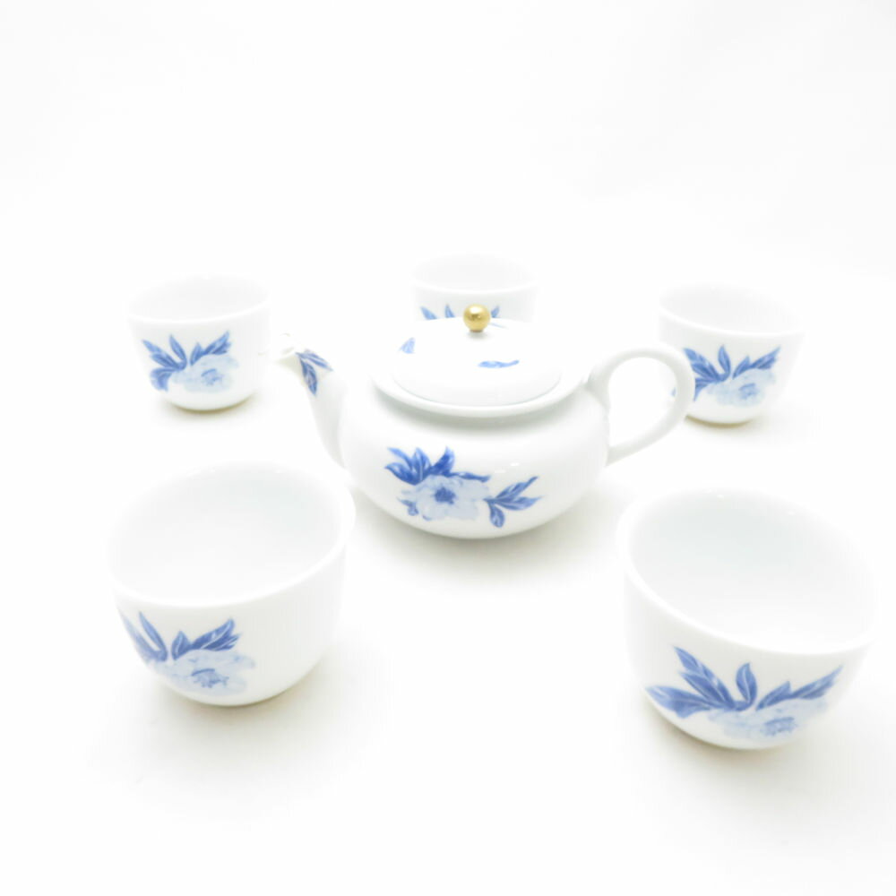 美品 Fukagawa Seiji 深川製磁 オリエンタルブルー 急須＆湯呑 6点 セット 茶器 花柄 SC10265Q1 【中古】