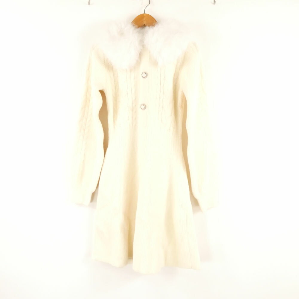 未使用 michell Macaron ミシェルマカロン SPL0014X ファーカラーニットワンピース F ナイロン他 アイボリー 長袖 ミニ レディース AO3772A82 【中古】