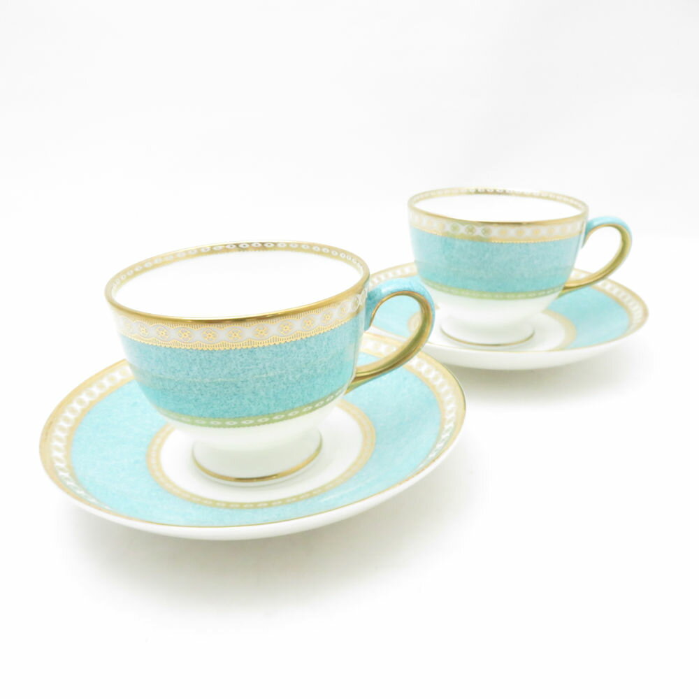 WEDGWOOD ウェッジウッド ユーランダーパウダー ターコイズ ティーカップ＆ソーサー 2客 ペア リー 旧刻印 黒壺 SC10362J1 【中古】