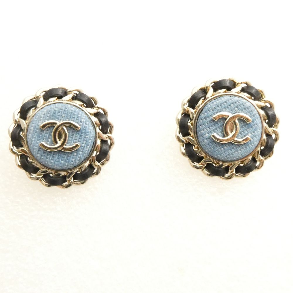美品 CHANEL シャネル B25P ピアス ココマーク デニム チェーン ブラック レディース AD1594W2 【中古】...